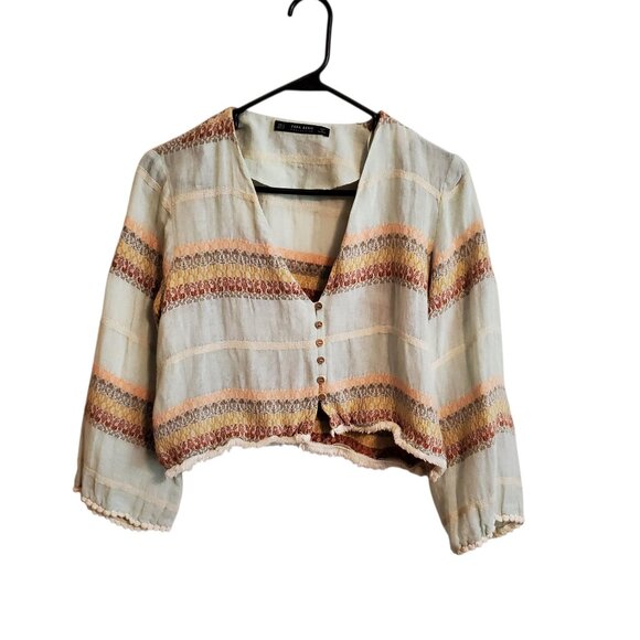 ZARA Cropped Linen Blend Cottage Core Farmhouse Cardigan Medium - Picture 3 of 16